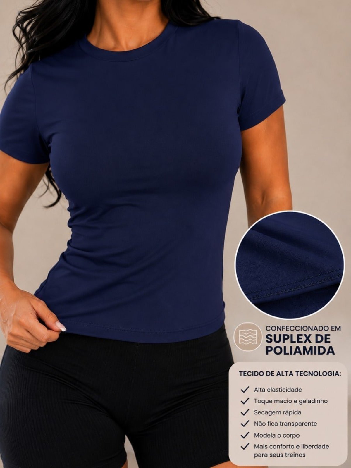 Camiseta Baby Look Feminina Suplex De Poliamida Fitness Treino Lisa Básica Elegante com Manga Curta Azul Marinho