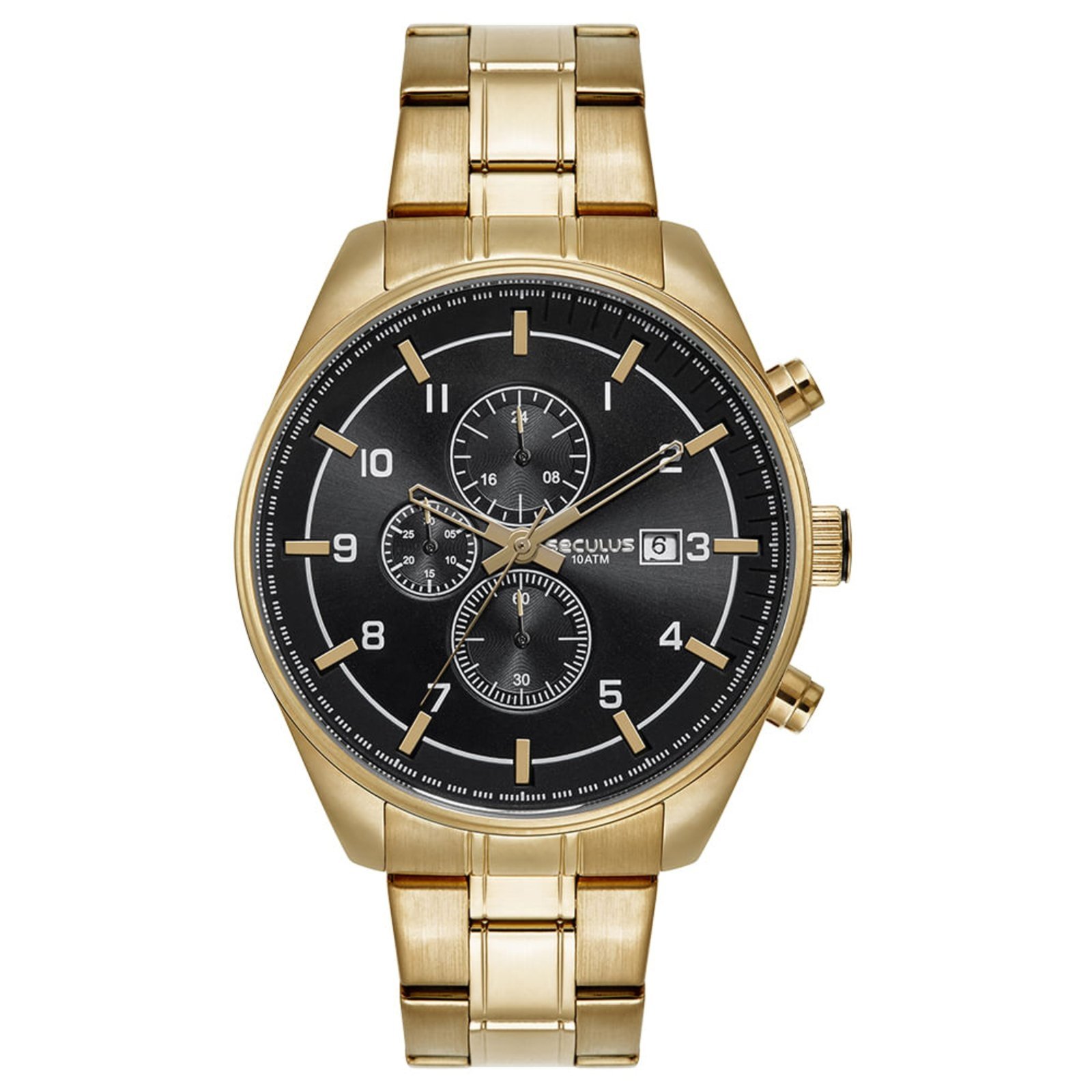 Relógio Masculino Cronógrafo Aço Aro 3D Dourado Seculus