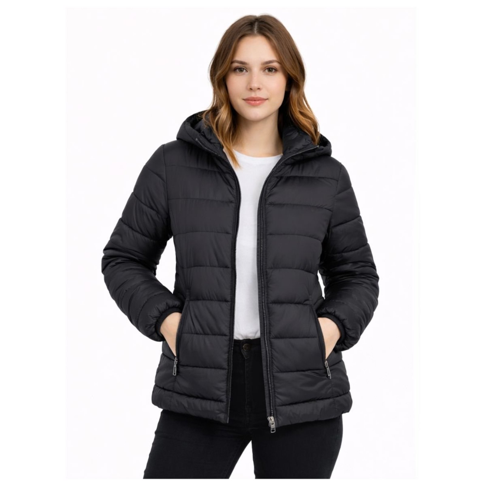 Jaqueta Feminina Puffer Nylon Peluciada com Capuz e Isolamento Térmico Preto