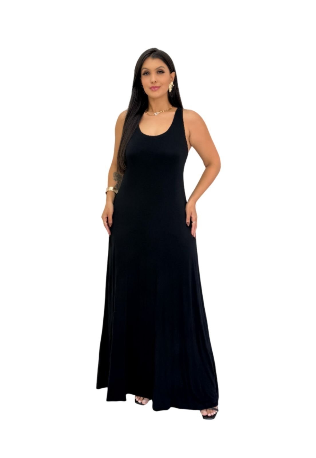 Vestido Viscolycra Maria Paes Regata Preto Longo