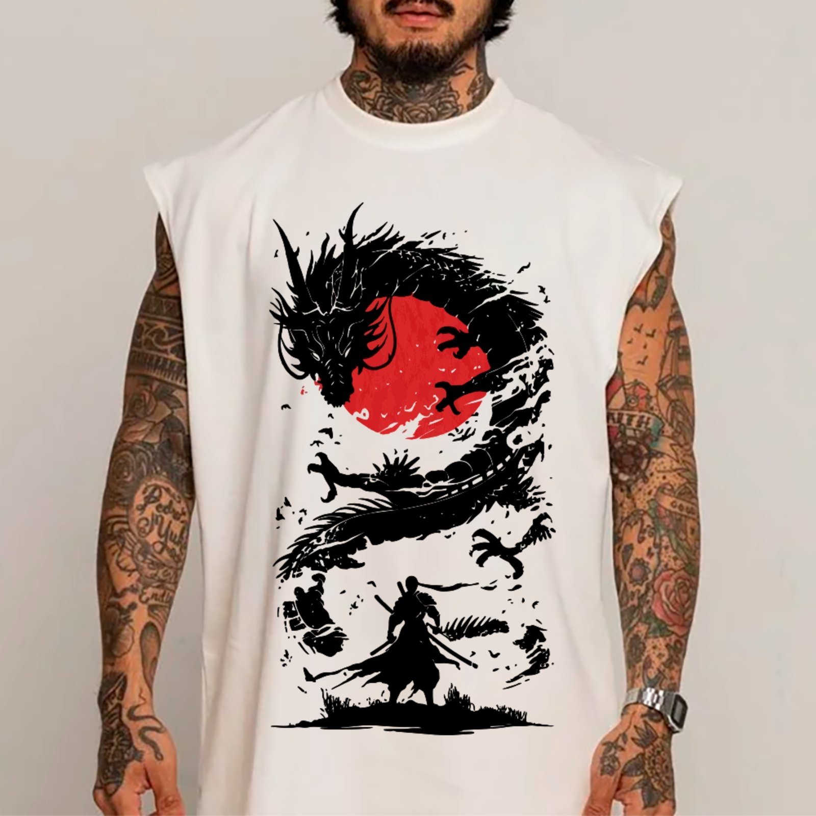 Camiseta Regata Machão Ousy Samurai Dragão Oversized Masculina Branco