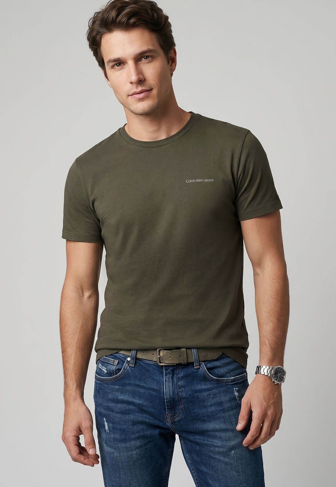 Camiseta Masculina Calvin Klein Jeans Logo Verde Oliva