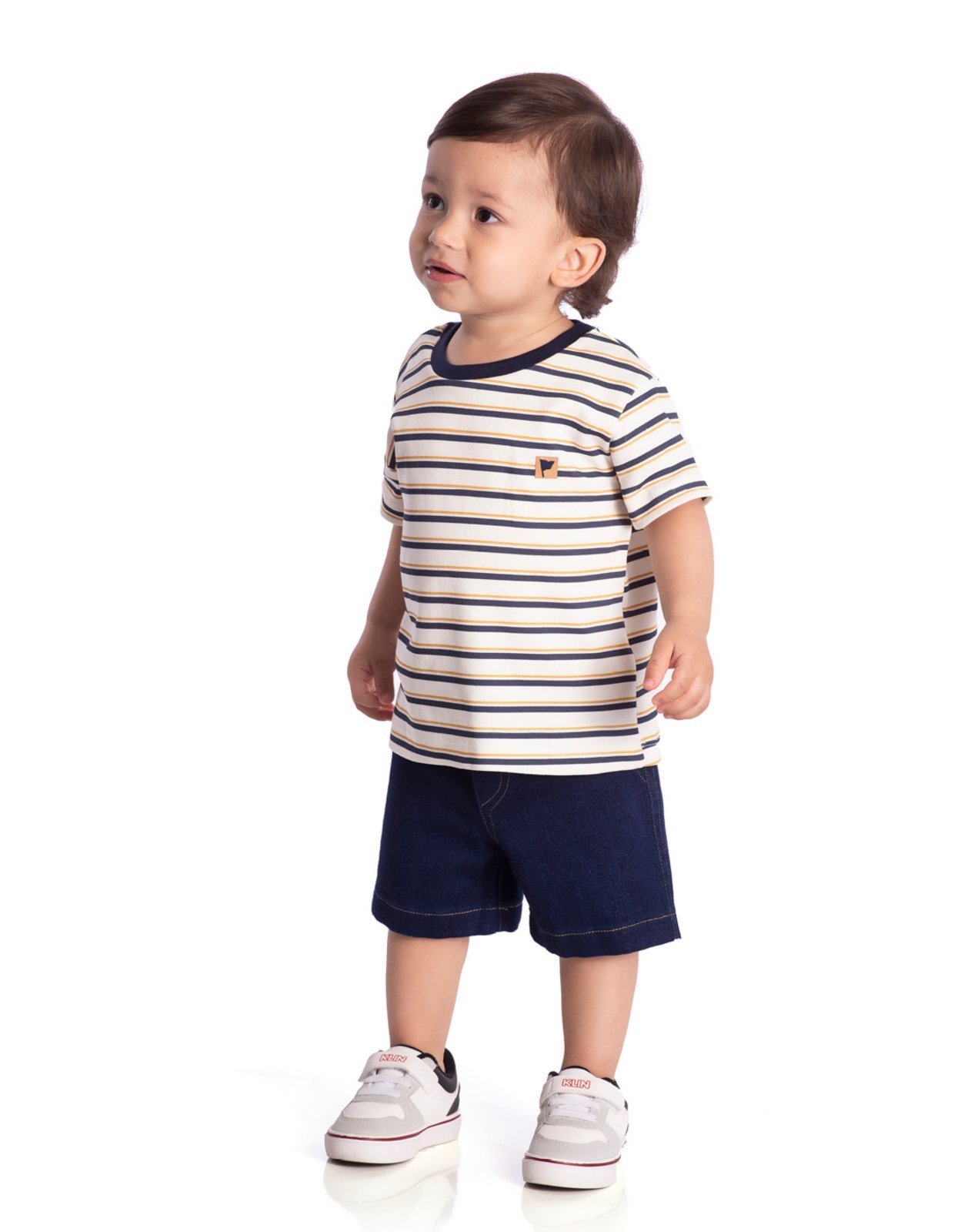 Infantil - Conj. camiseta manga curta listrada + bermuda jeans