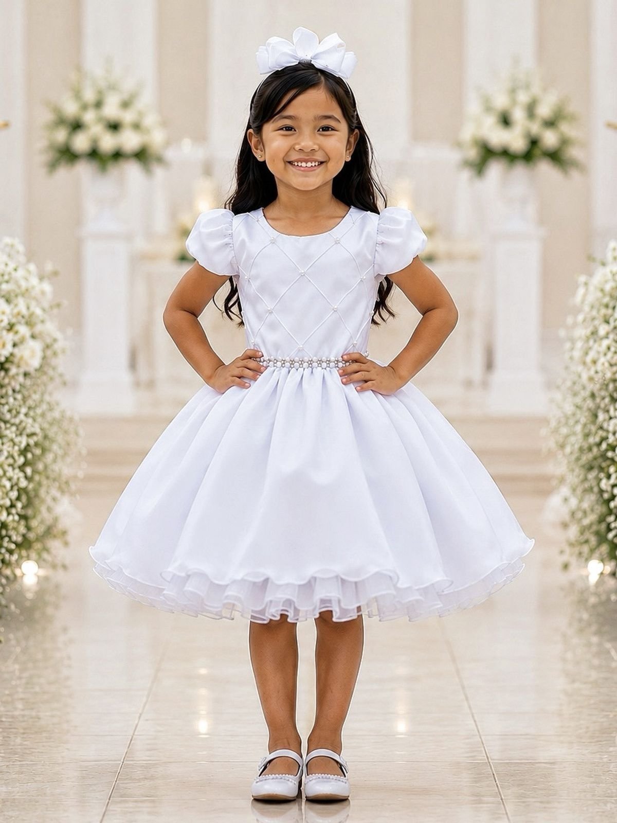Infantil - Vestido Menina Juvenil Festa Branco Pérolas Formatura Casamento Juvenil Princesa Social Rodado Florista Dama Daminha Aniversário Luxo