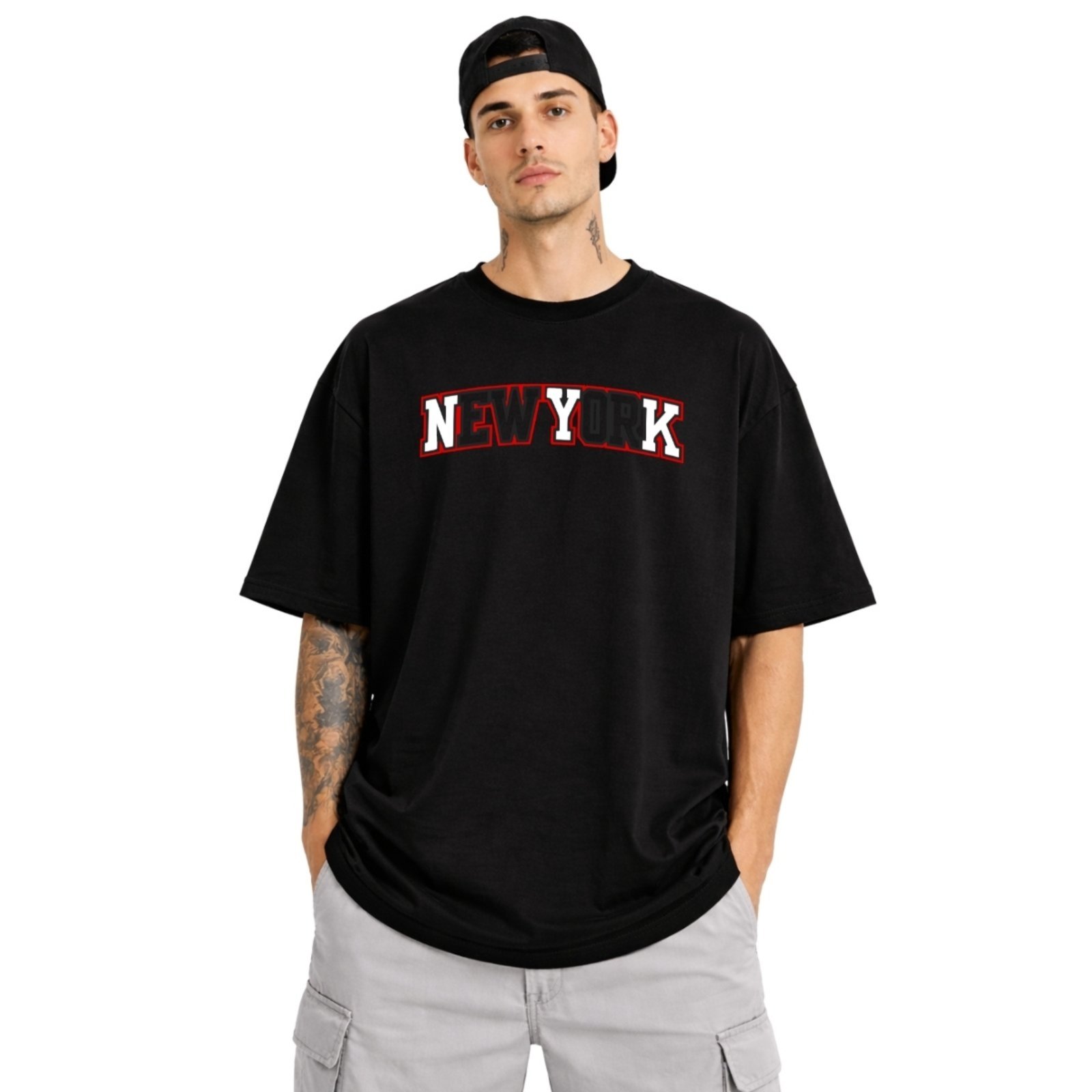 Camiseta Oversized de Algodão Masculina Ideal para Academia e Esportes Gola Redonda Estampada
