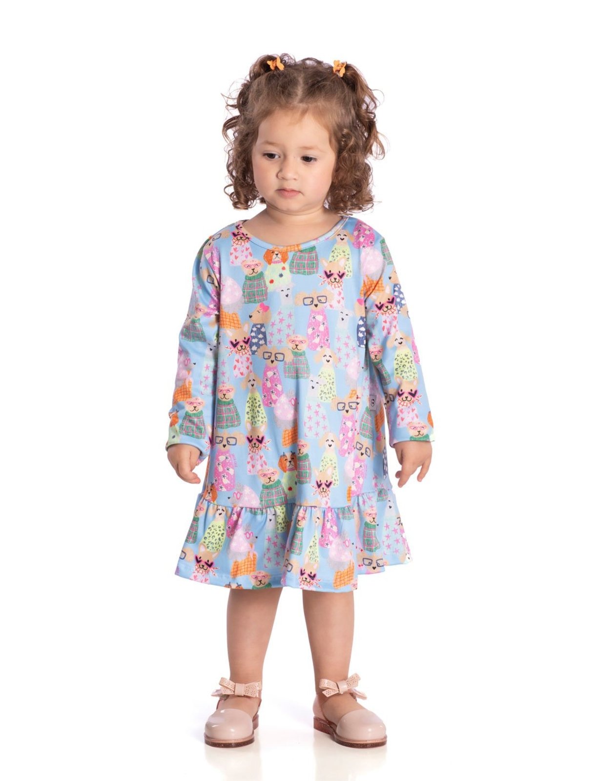 Infantil - Vestido manga longa cachorrinhos malha modal
