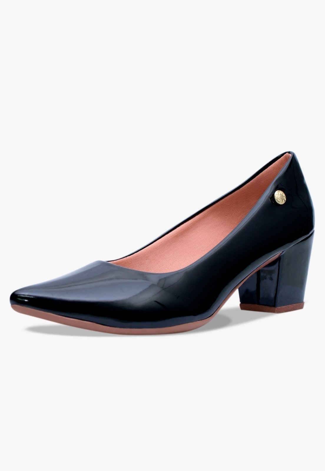 Scarpin Feminino Takata Salto Baixo Bloco Bico Fino Verniz Sapato Casual Social Preto