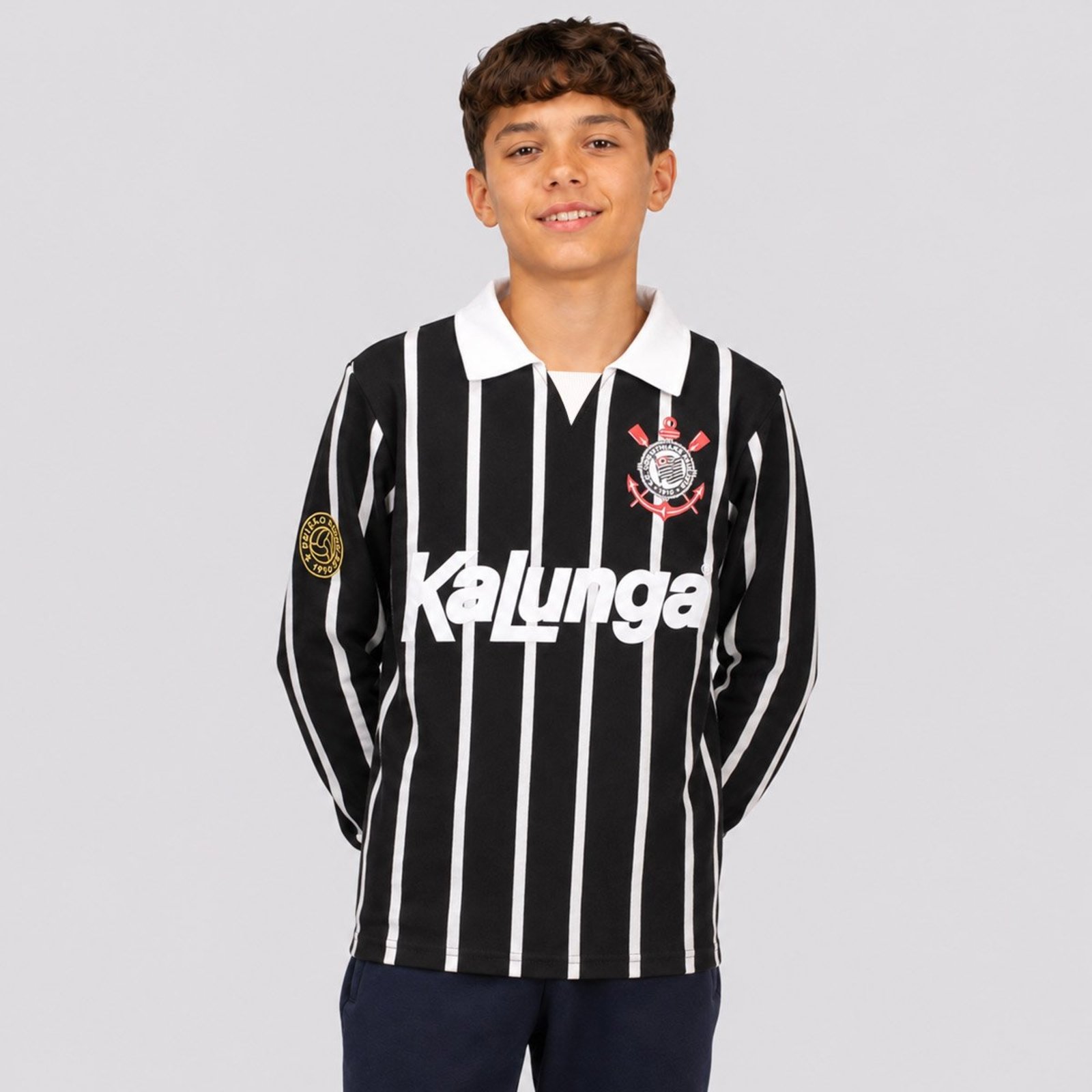 Camisa Corinthians Retrô Kalunga Manga Longa Juvenil Preta