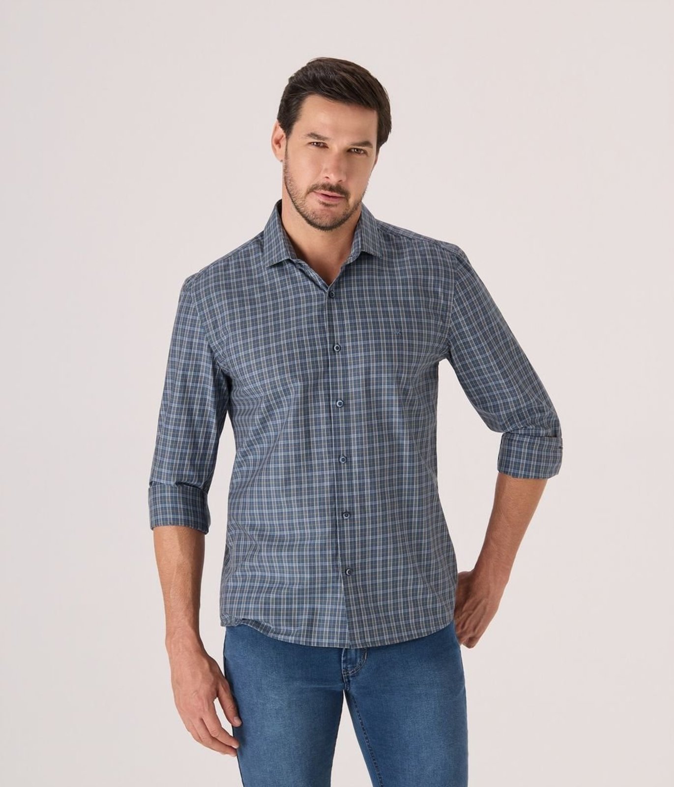 Camisa Makenji Xadrez Masculina Azul Acinzentado