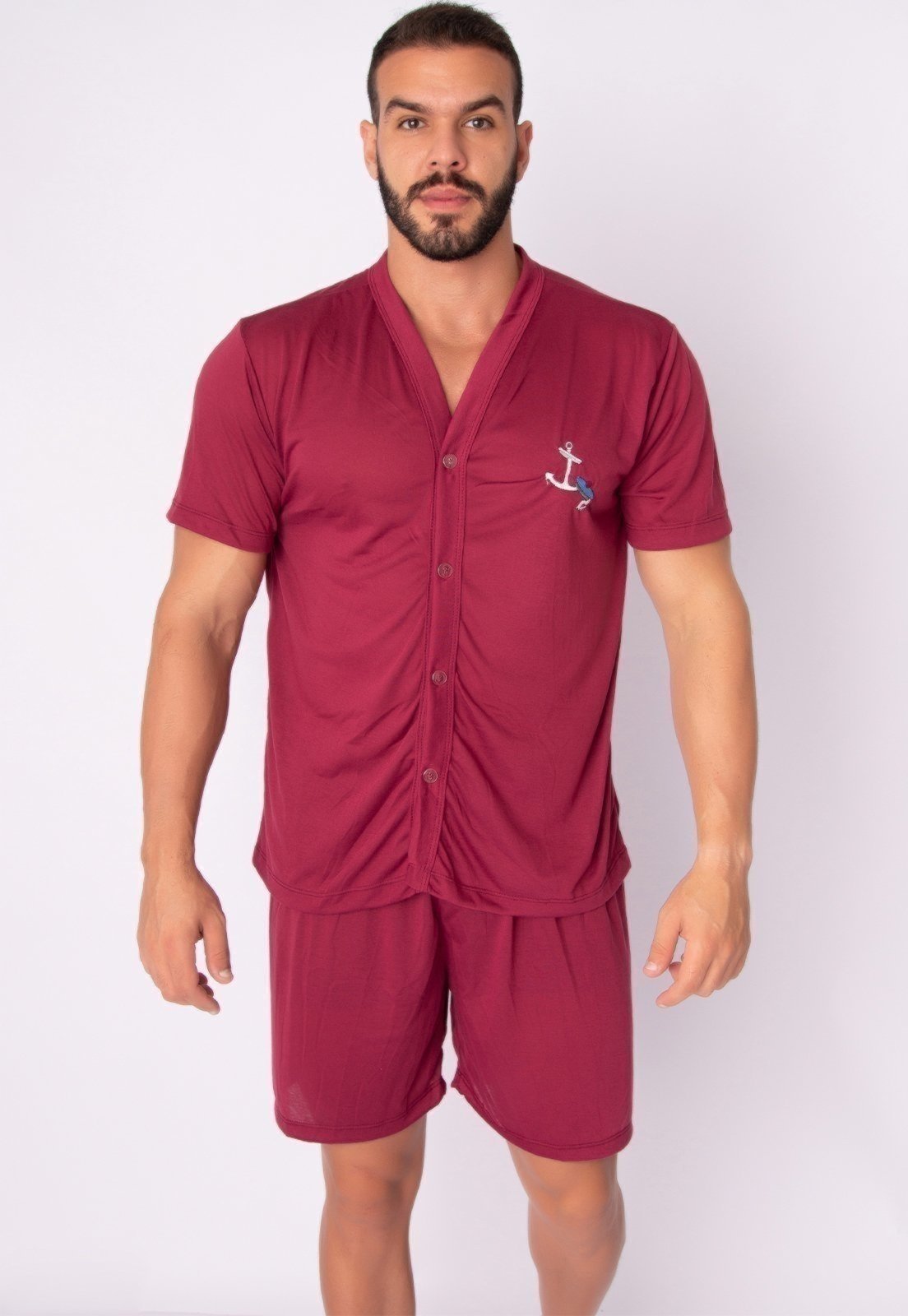 Pijama Masculino Serra e Mar Modas com Botões Pós Cirúrgico Liso Vinho