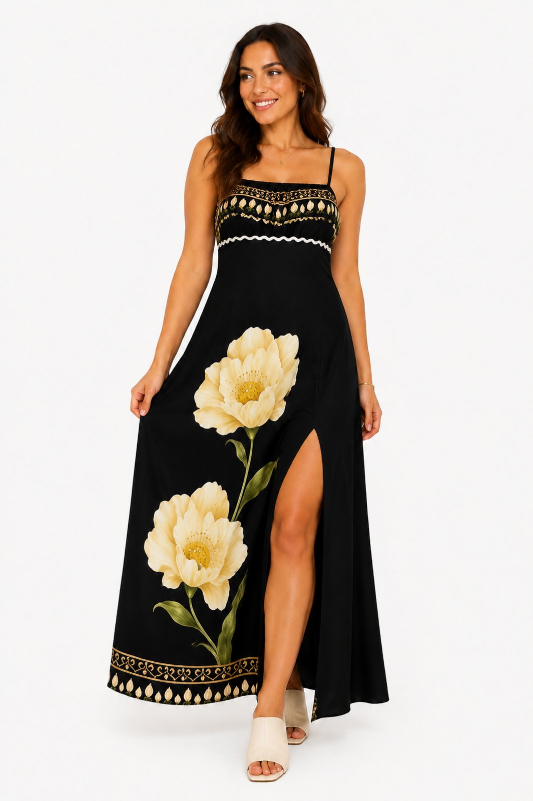 Vestido Alcinha Longo D Bell Outlet Estampa Floral Preto