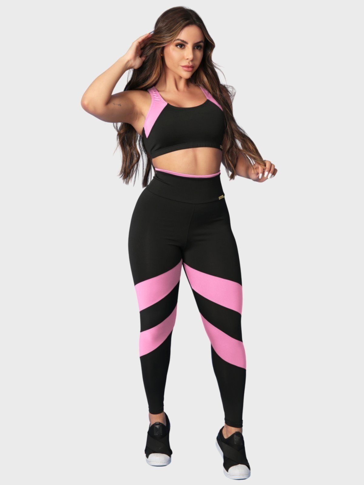 Conjunto Fitness Tarelles Top Calça Legging Cintura Alta Preto e Rosa Claro