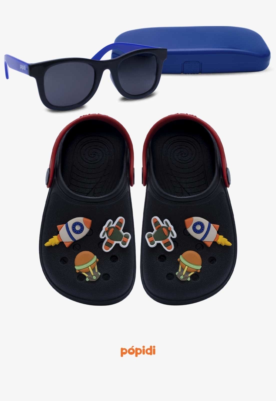 Infantil - Kit Babuche Aereo Preto com Óculos de Sol Azul Com Capinha