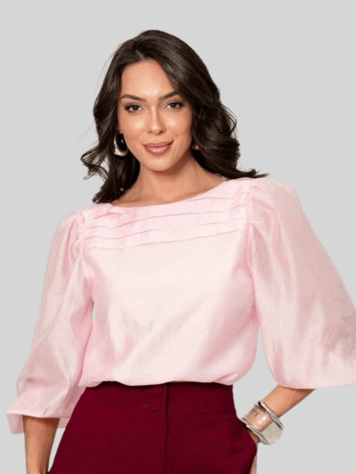 Blusa Miss e Misses Ivana Manga Longa C/Prega Frente Rosa