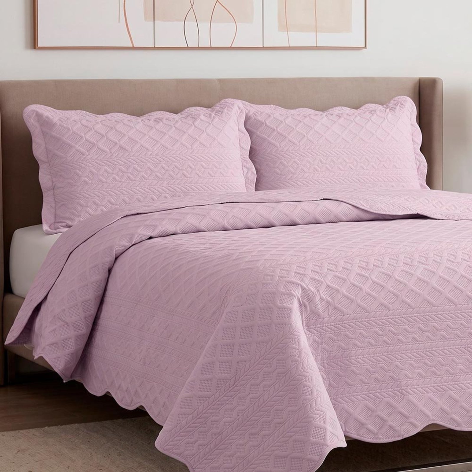 Kit Cobre Leito Mosaico King Percal 300 Fios Colcha Matelassê Alto Relevo 3 Peças Lavanda