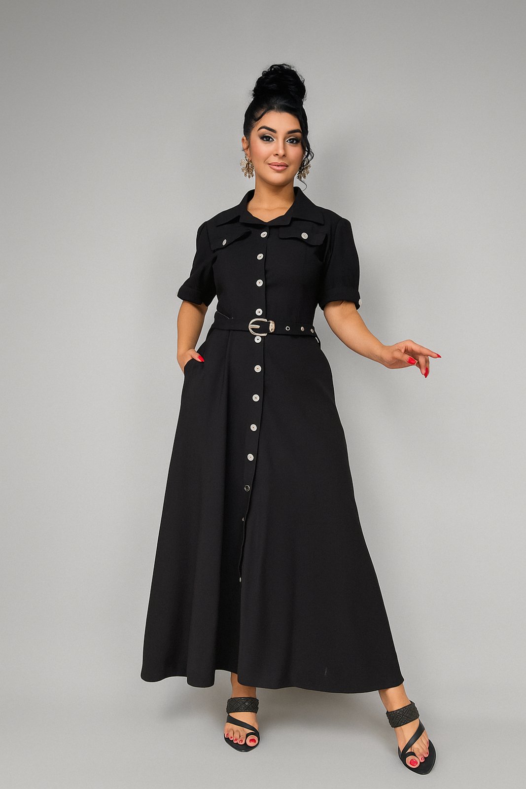 Vestido Longo D Bell Outlet Fashion Bolso Cinto Forrado Preto