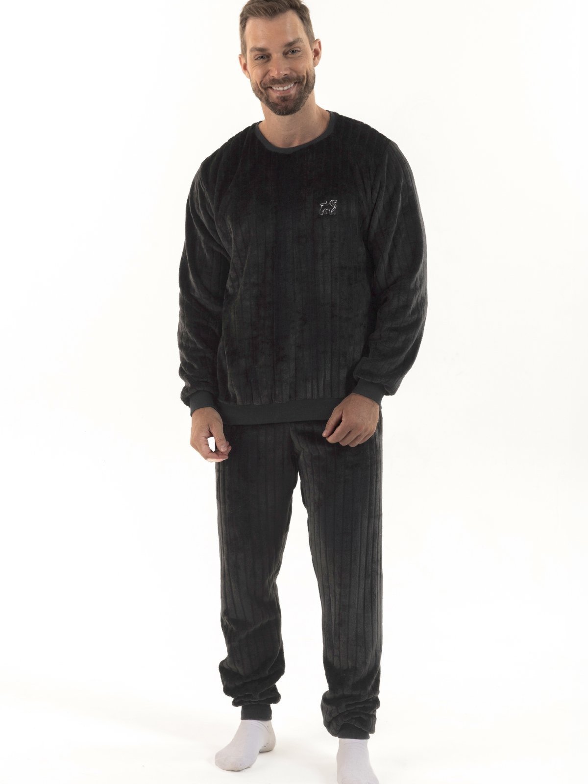 Pijama Longo de Inverno Masculino em Soft Fleece Com Punho Canelado Preto