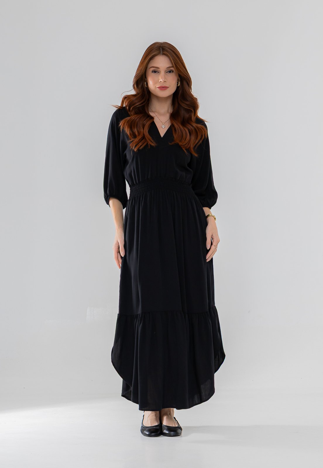 Vestido Aura Joana Viscolinho Liso Preto