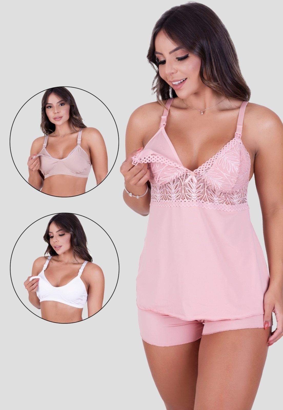 Kit Baby Doll + 2 Sutiã Amamentação MdMix Maternidade Pós Parto Rosa