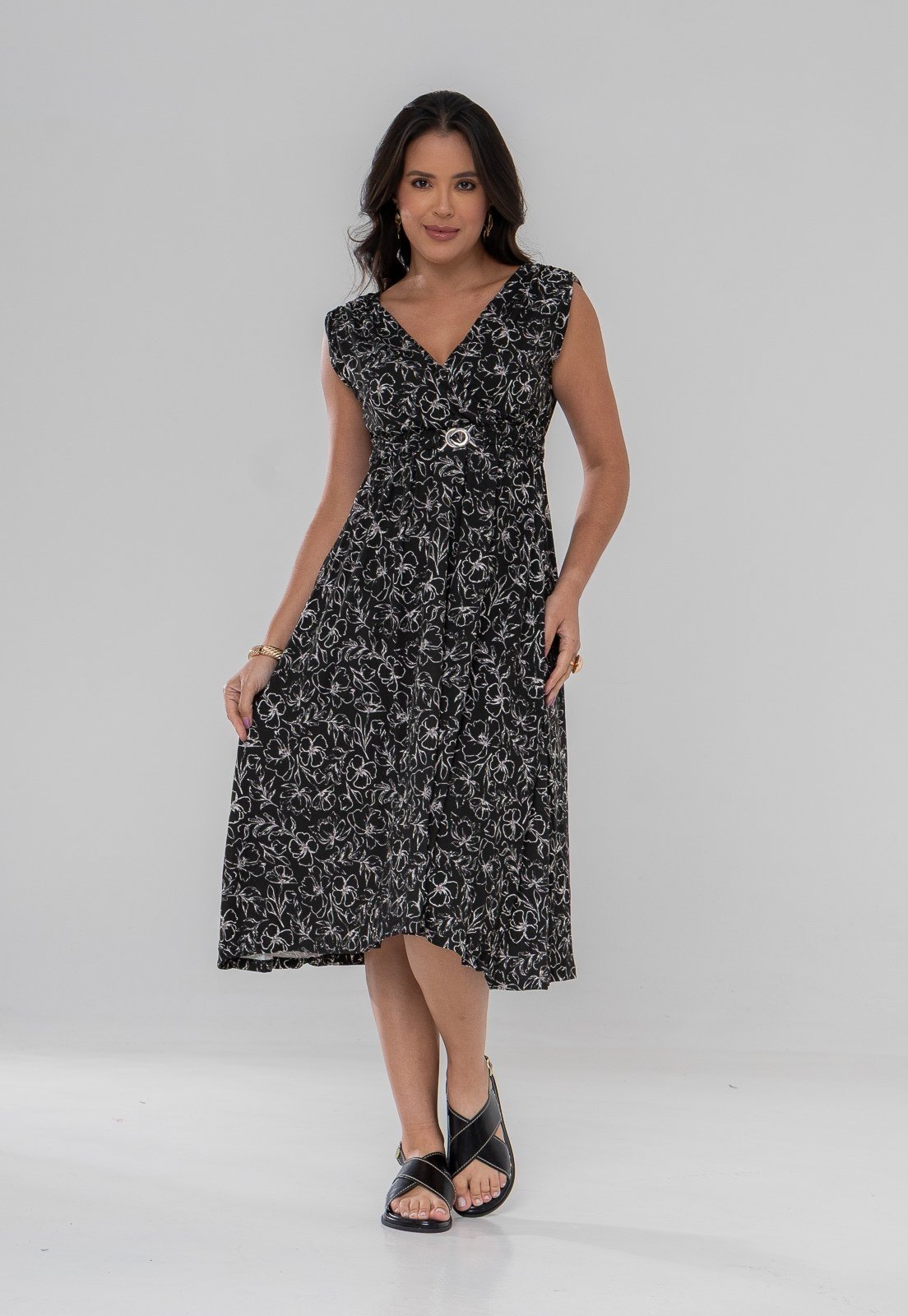 Vestido Aura Eva Cinto Pétalas Preto