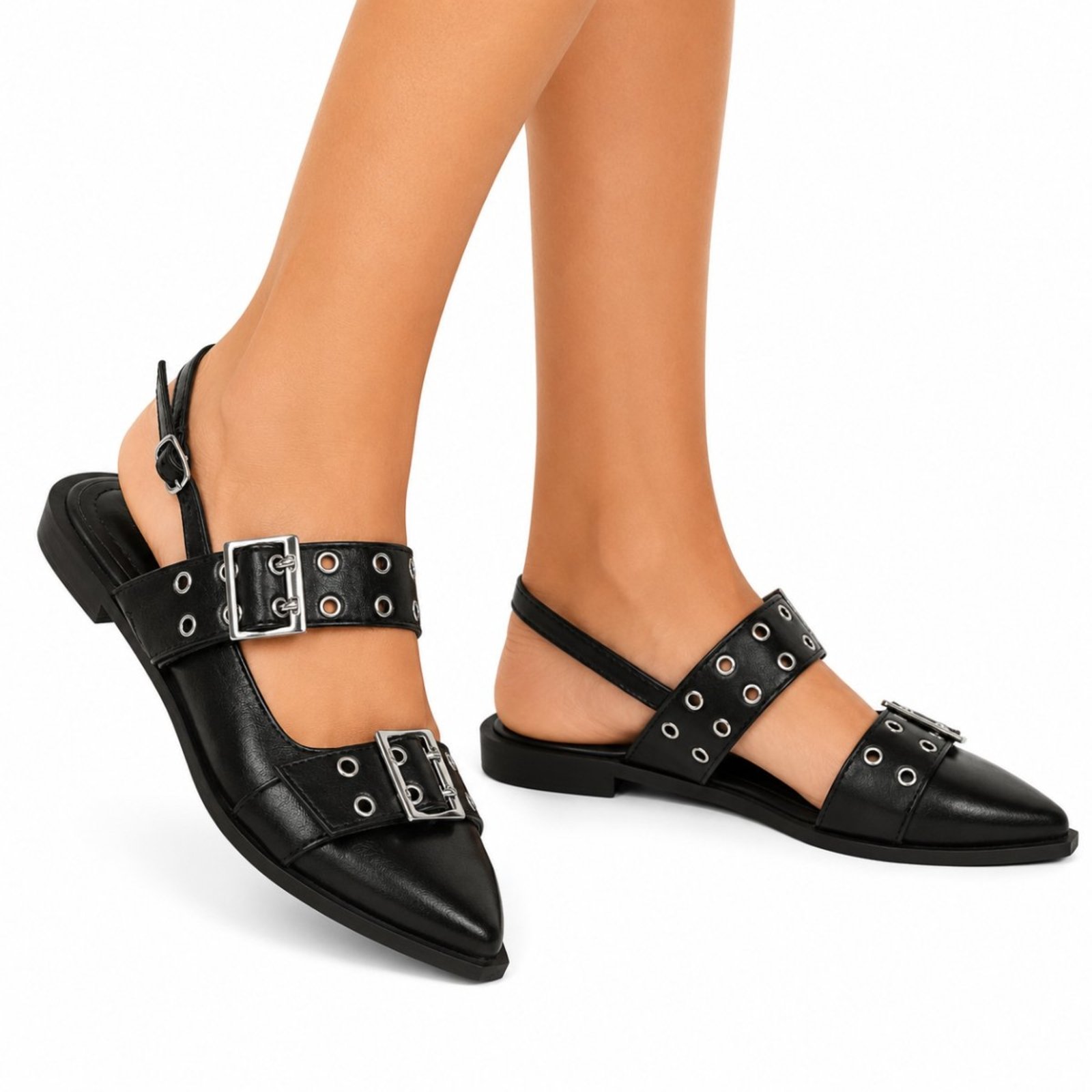 Sapatilha Feminina Bico Fino Flor da Pele Slingback Tiras Com Fivelas Casual 184201 Preto