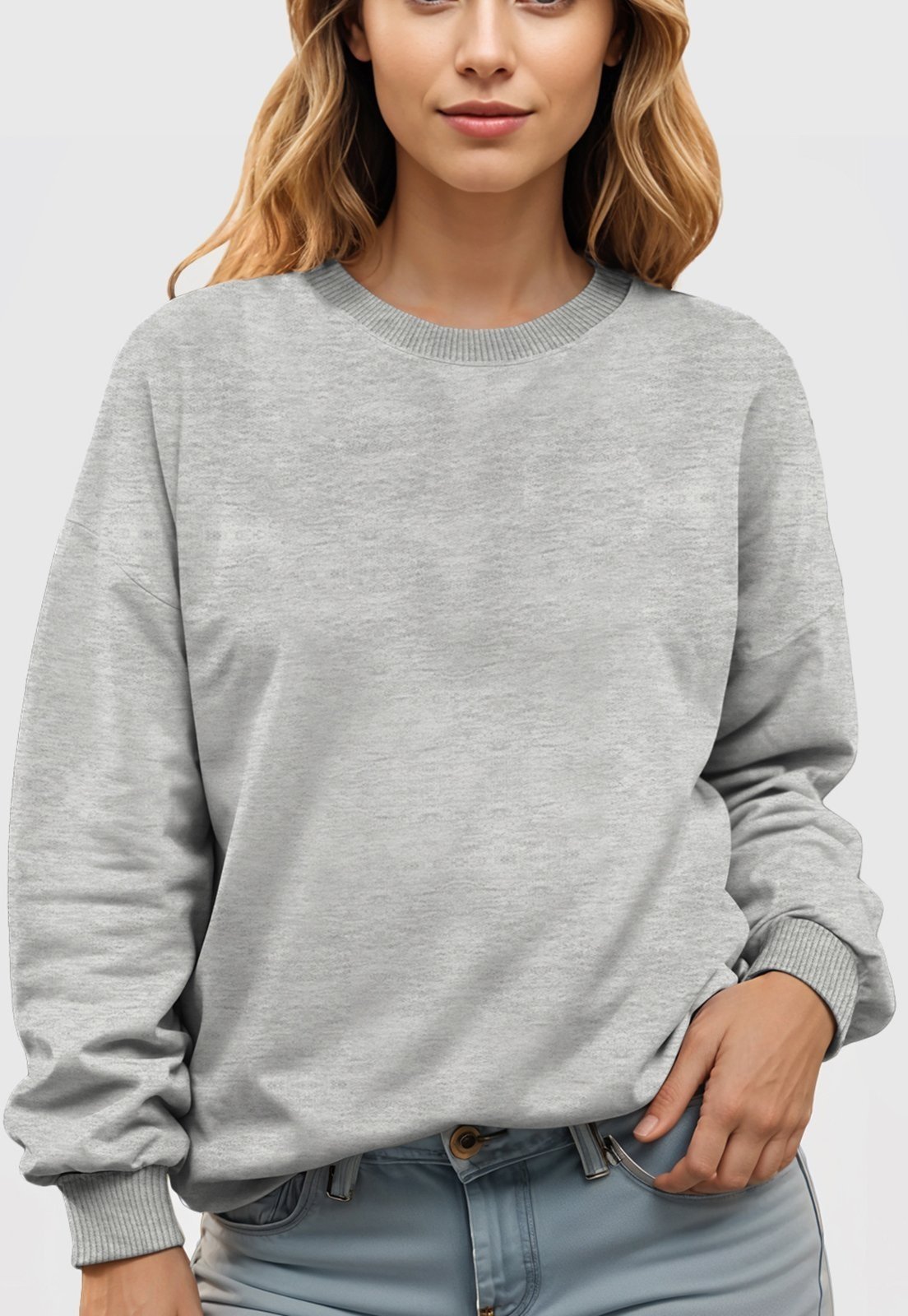 Vista 3 Blusa de Frio Moletom Feminino Flanelado Benellys Liso Gola Redonda Claro cinza Benellys cinza
