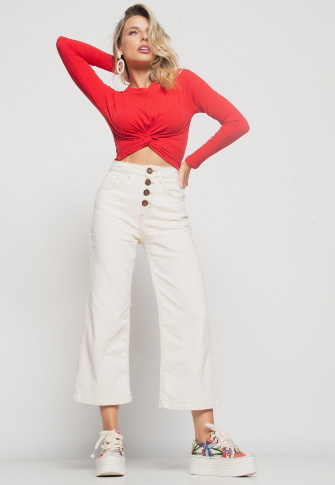 Vista 2 Cropped Salvatore Nó Manga Longa Canelada Salvatore Fashion vermelho Salvatore Fashion vermelho