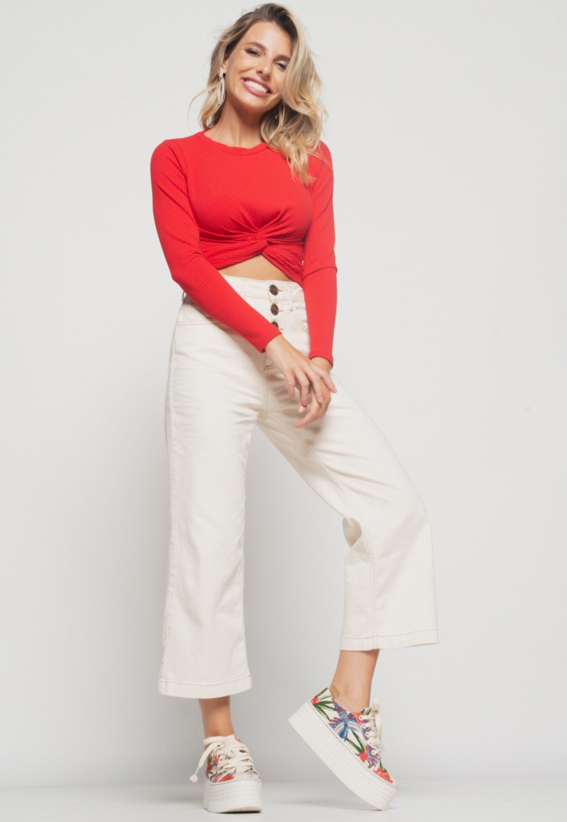 Vista 3 Cropped Salvatore Nó Manga Longa Canelada Salvatore Fashion vermelho Salvatore Fashion vermelho