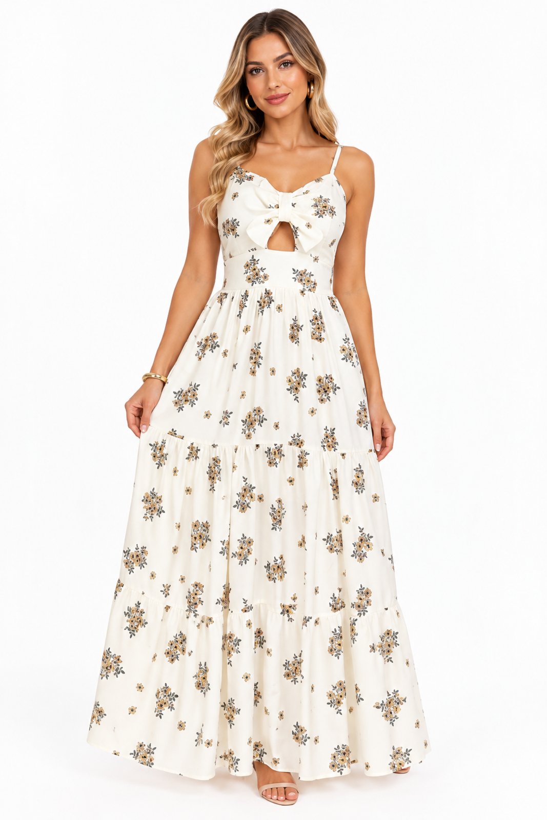 Vestido Longo Três Marias D Bell Outlet Fashion Alça Fina Estampa Floral Off-White