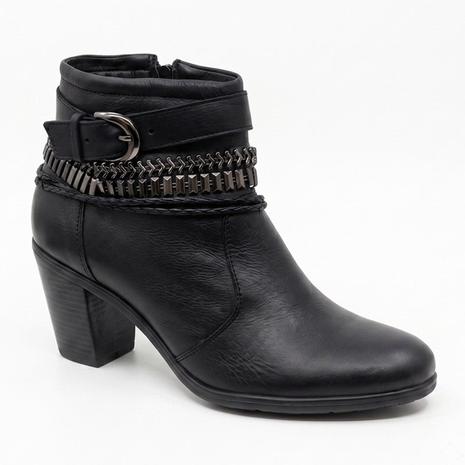 Bota Feminina Cano Curto em Couro Preto Corrente douradas e Fivela 2360P