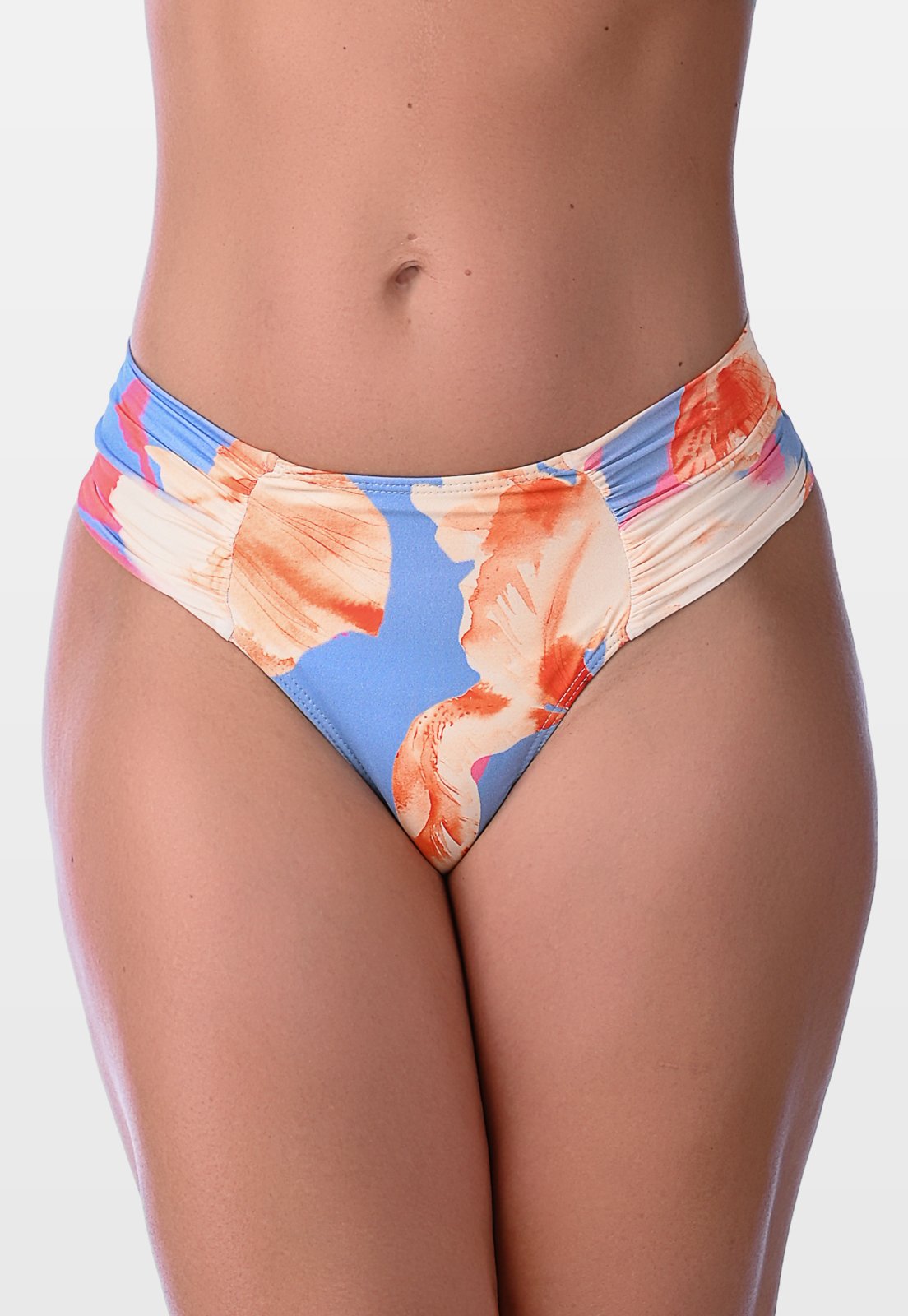 Calcinha de Biquíni Summer Soul Fio Dental Duplo Franzido Lateral Floral Laranja