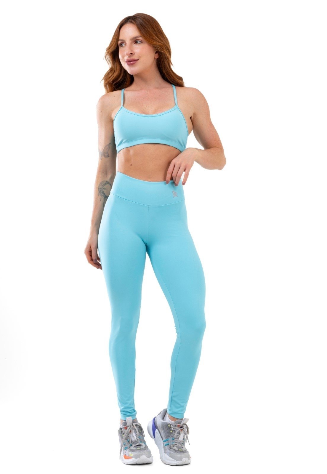 Conjunto Fitness Top Alça Nadador Calça Legging Cintura Alta Poliamida Academia – Azul