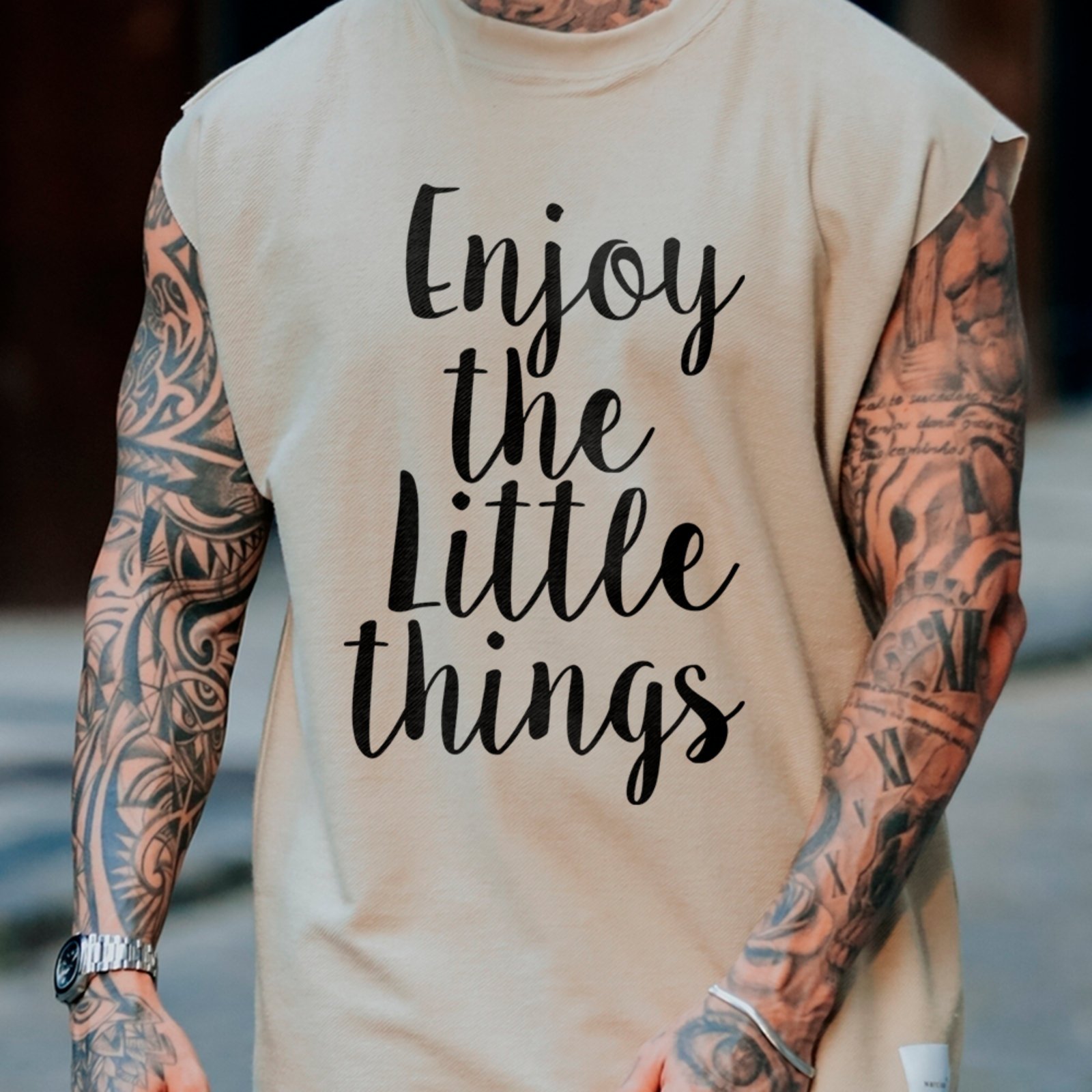 Camiseta Regata Machão Motivacional Enjoy Little Things Frase Positiva Off White