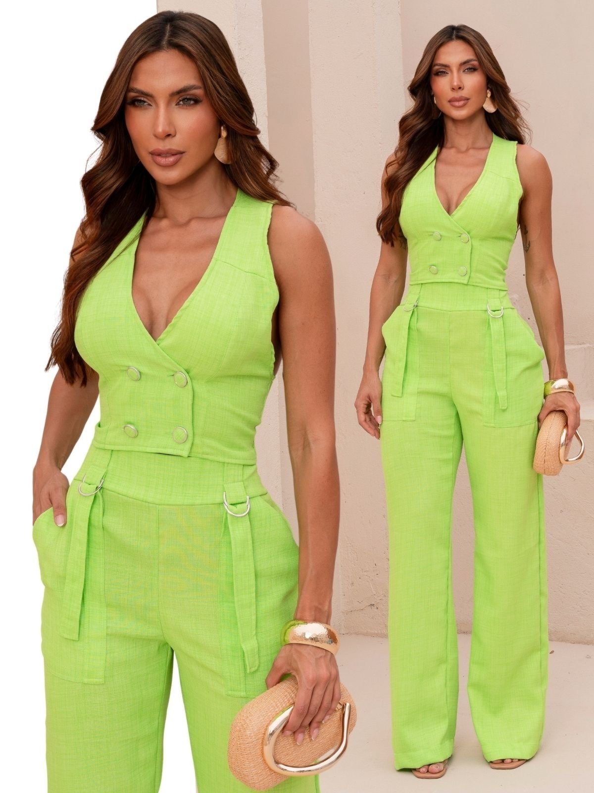 Conjunto Feminino Alfaiataria Divina Gata Colete e Calça Verde Vita