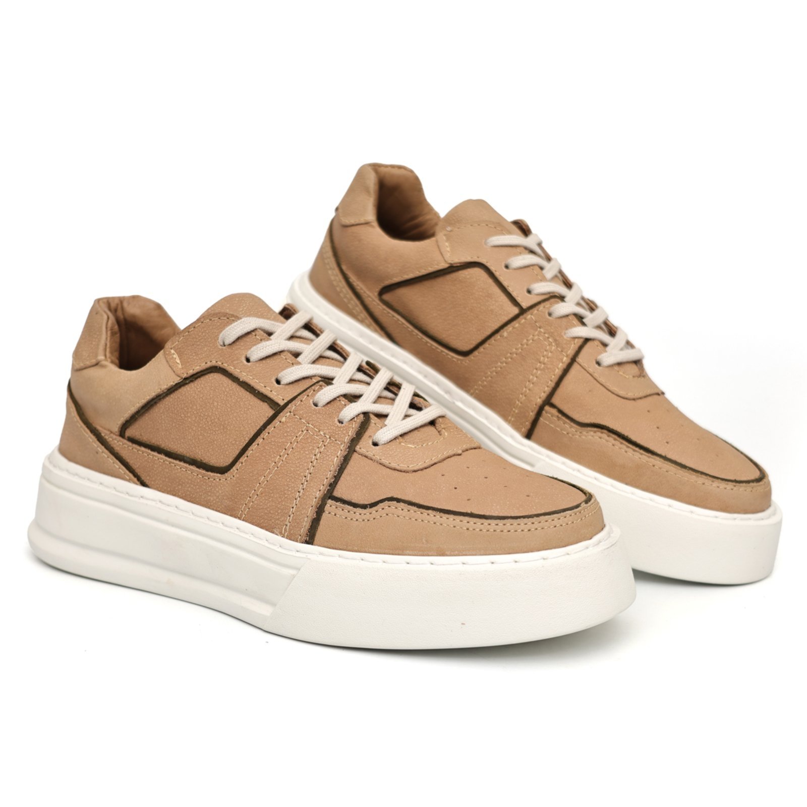 Tênis Sneaker Masculino em Couro de Luxo Premium Artesanal Bege