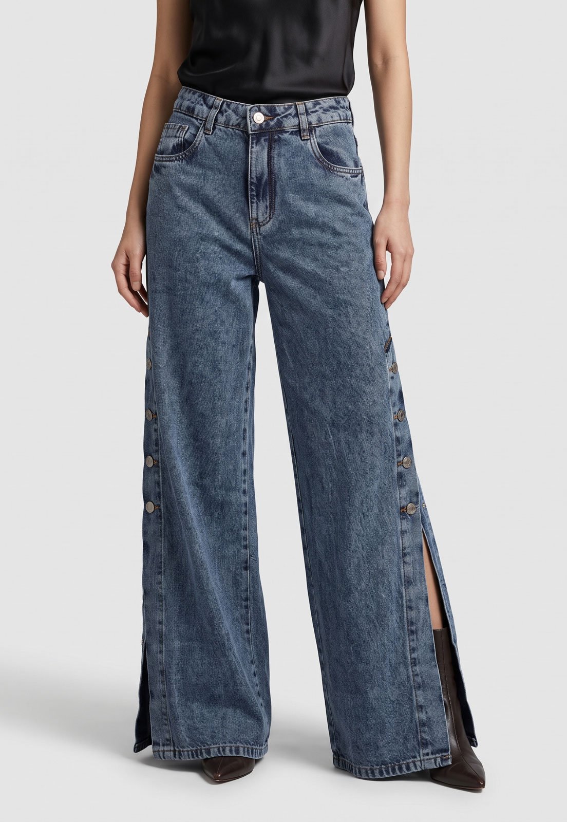 Calça Feminina Sawary Jeans Wide Leg Botões Azul