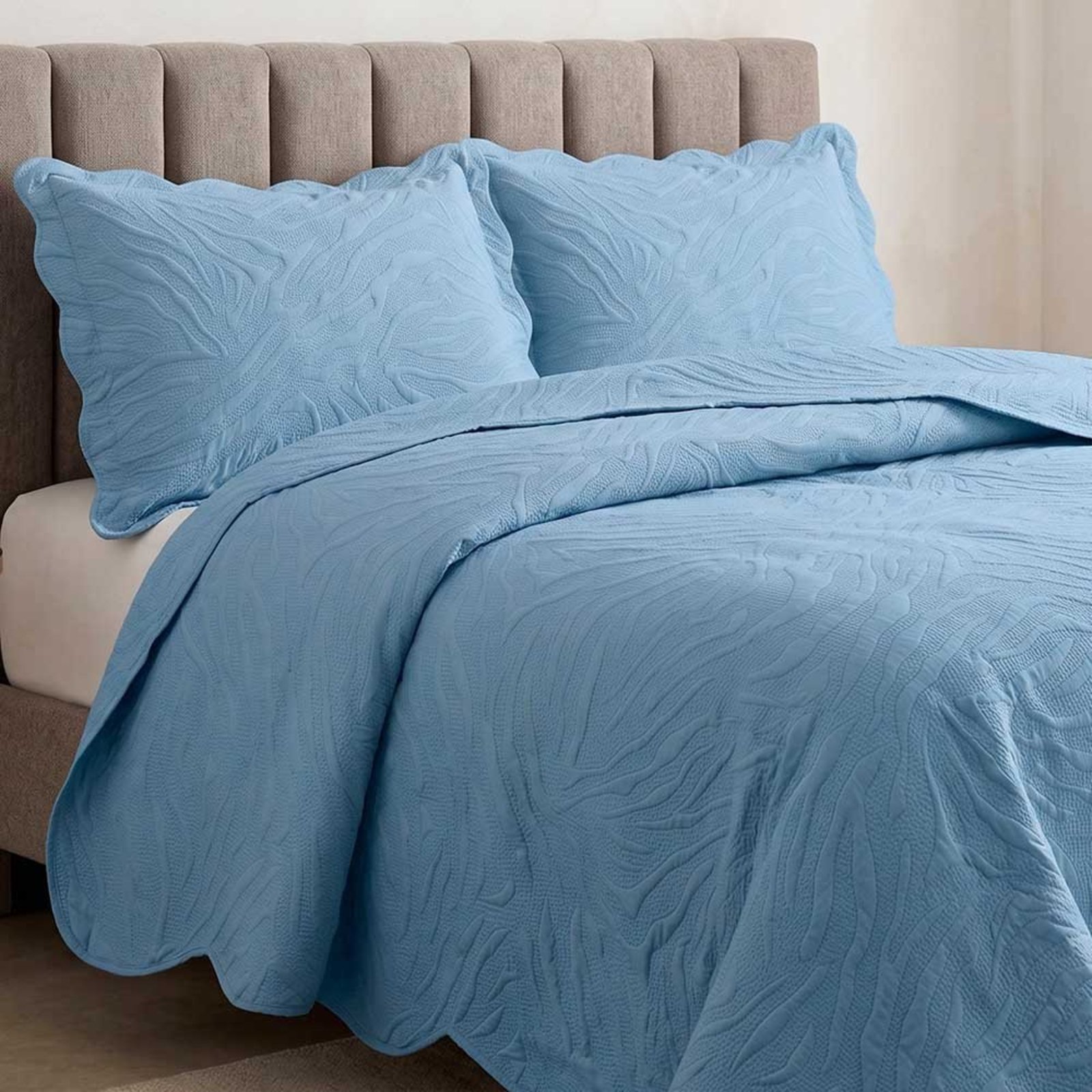 Kit Cobre Leito Maresias Queen Percal 300 Fios Colcha Matelassê Alto Relevo 3 Peças Azul Jeans