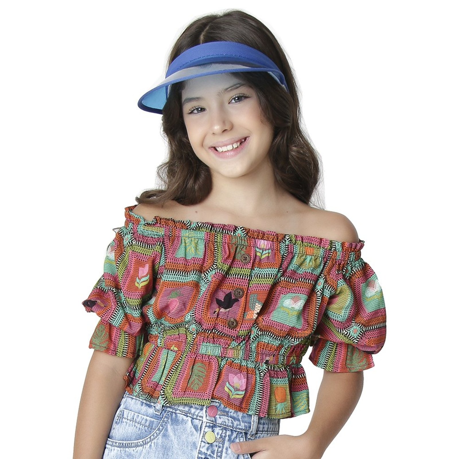 Infantil - Blusa Juvenil Look Jeans Cropped Estampada