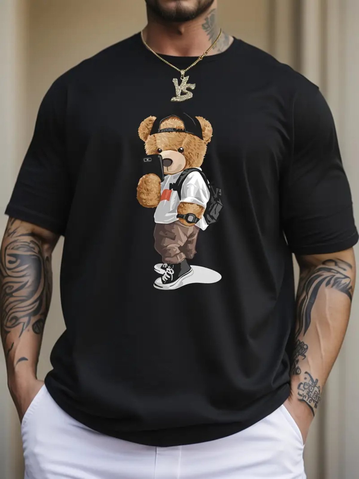 Camiseta Estampada Oversized Urso Selfie Safira Moda Algodão Preto