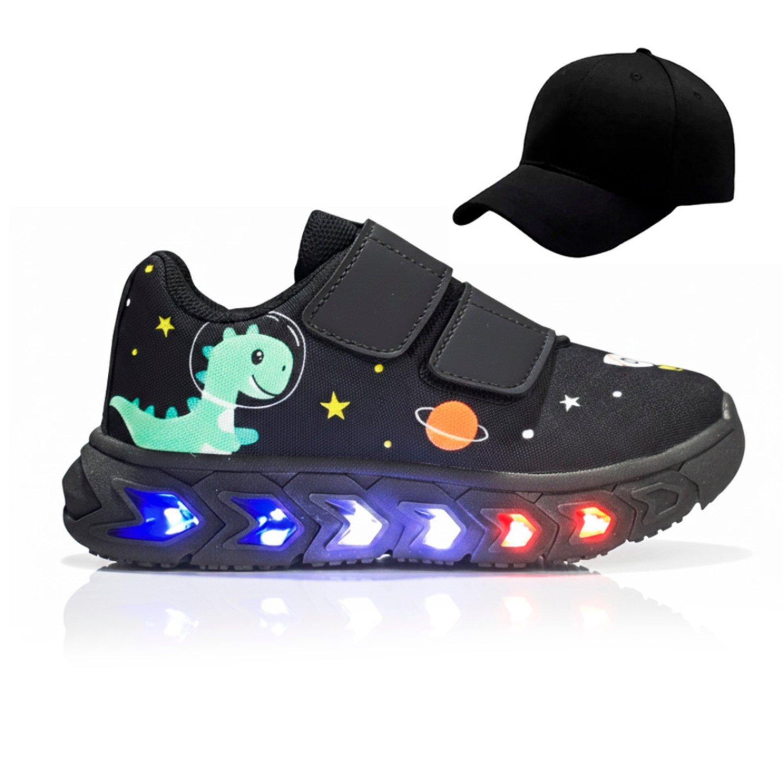 Infantil - Kit com Tênis de Led para Meninos Dino Escolar Casual e Diário + Boné