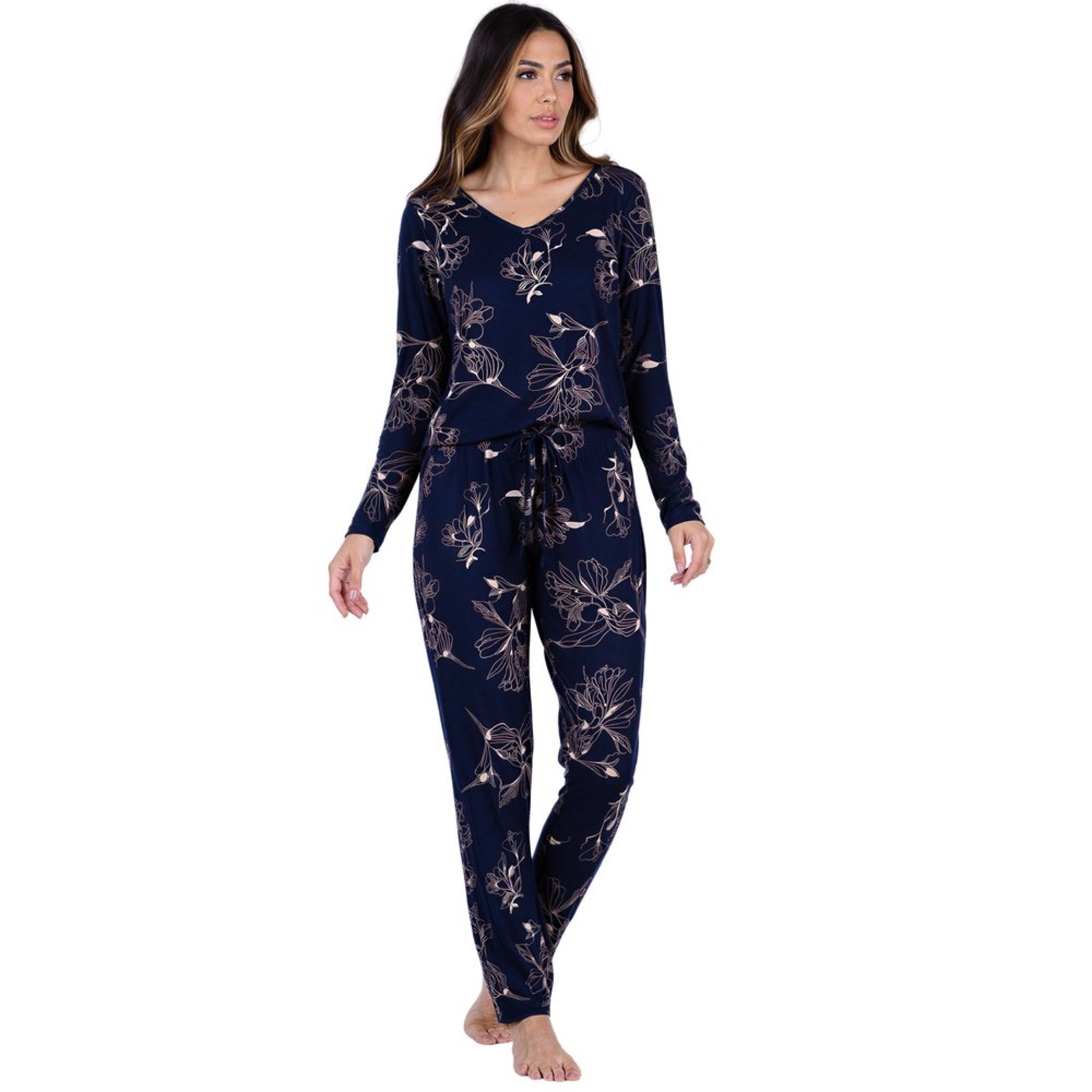 Pijama Feminino Summer Soul Calça e Blusa Longo Estampado Floral Marinho