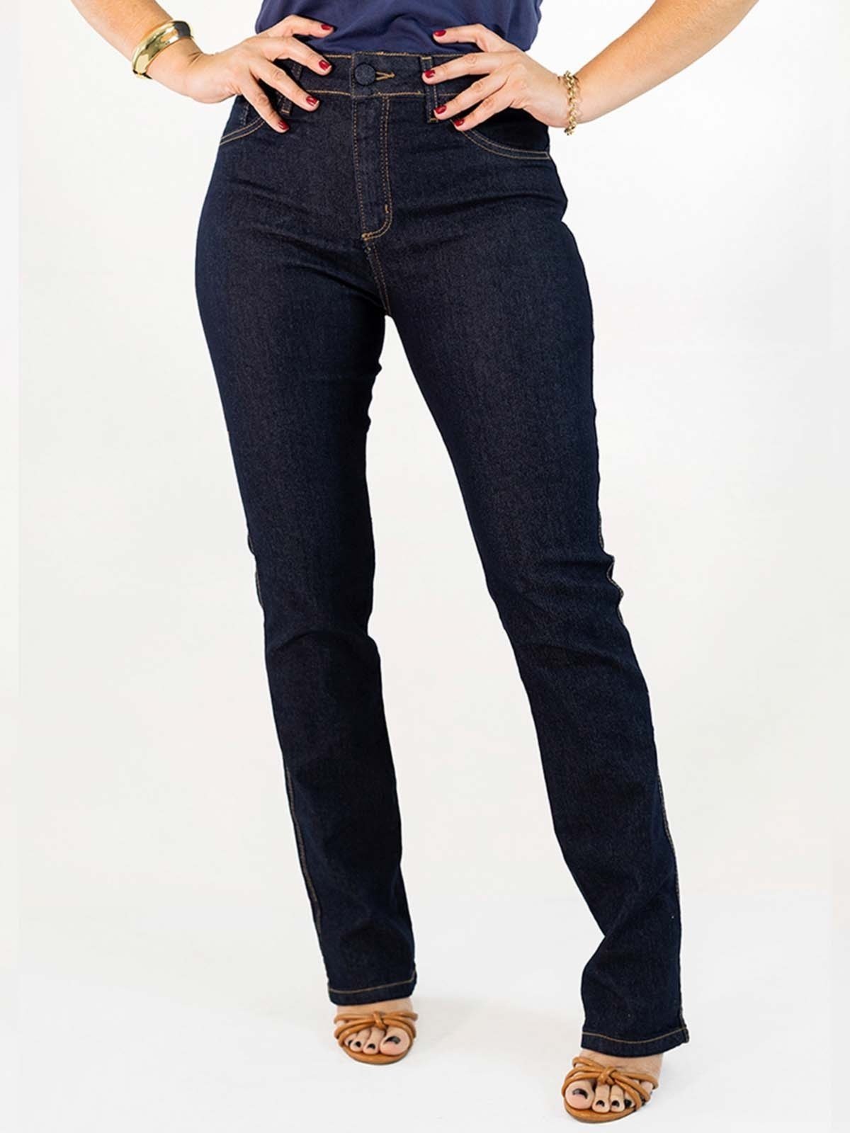 Calça Jeans Reta Básica Feminina Cintura Alta Escuro Anticorpus