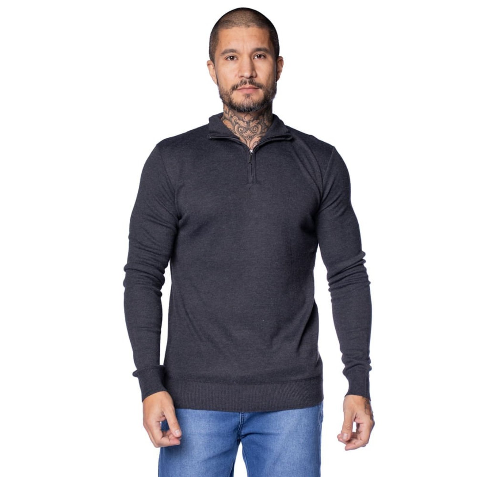 Suéter Masculino Balboa Gola com Zíper Mesclado Preto