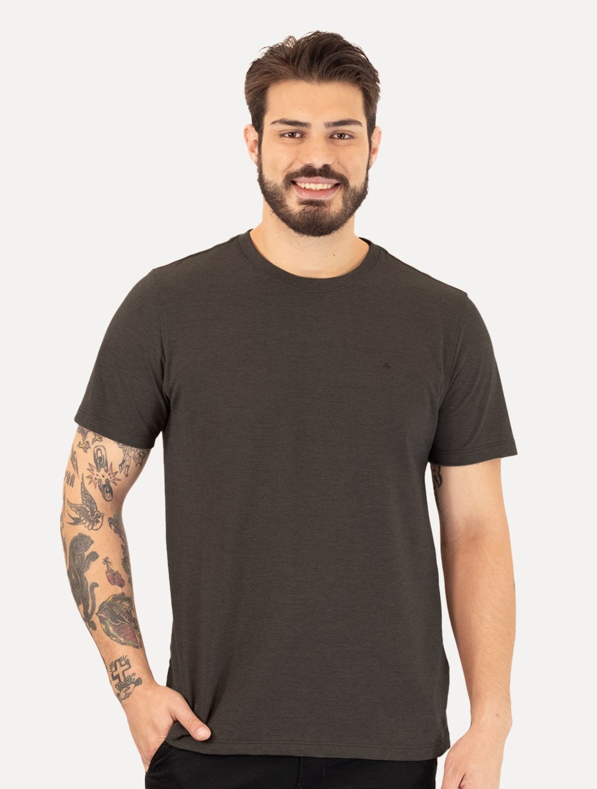 Camiseta Aramis Masculina Regular Piquet Bordado Marrom Mescla