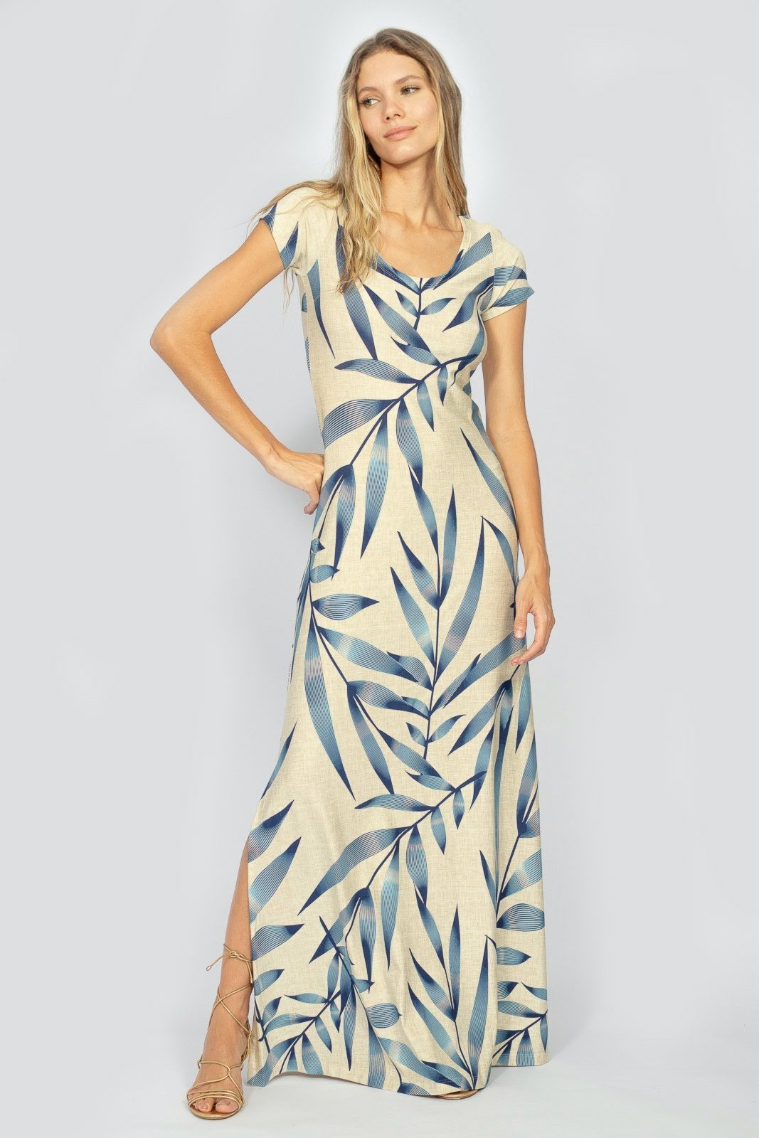 Vestido Longo Malha Gola Canoa Manga Curta Bambu Azul l