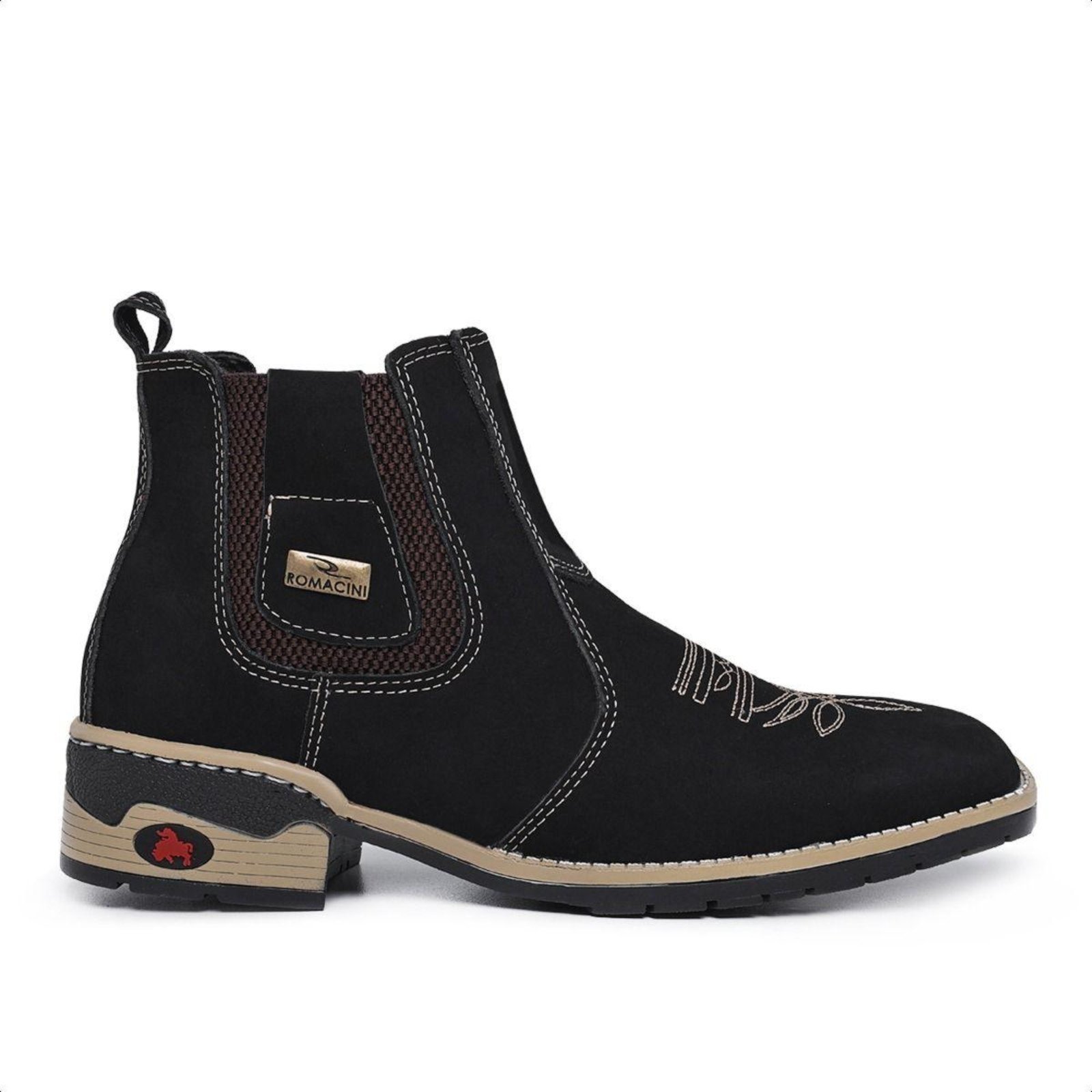 Botina Texana Masculina Lavini de Couro Nobre Solado Costurado Preto
