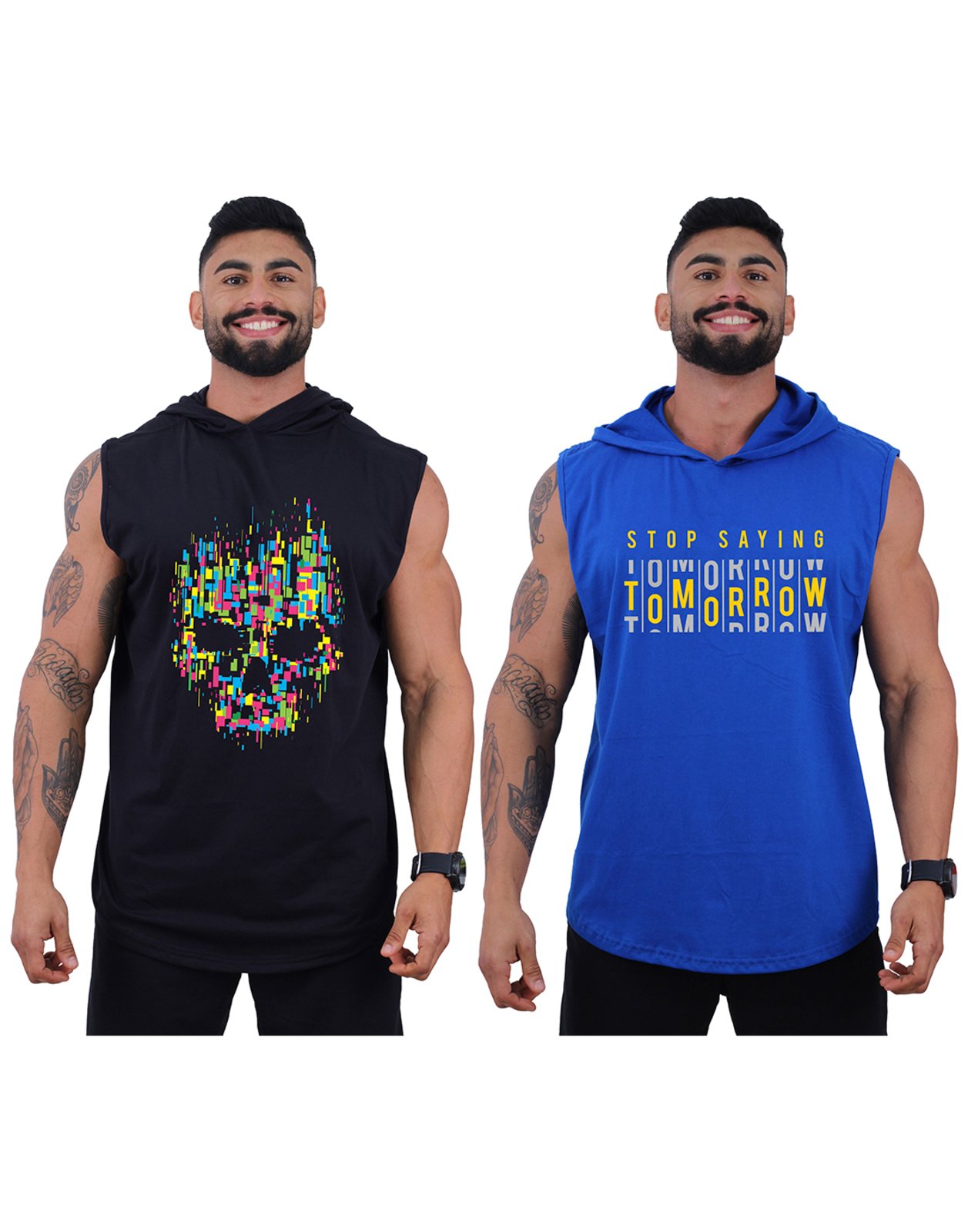 Kit 2 Regatas Longline Machão Com Touca Algodão Alto Conceito Caveira Letreiro
