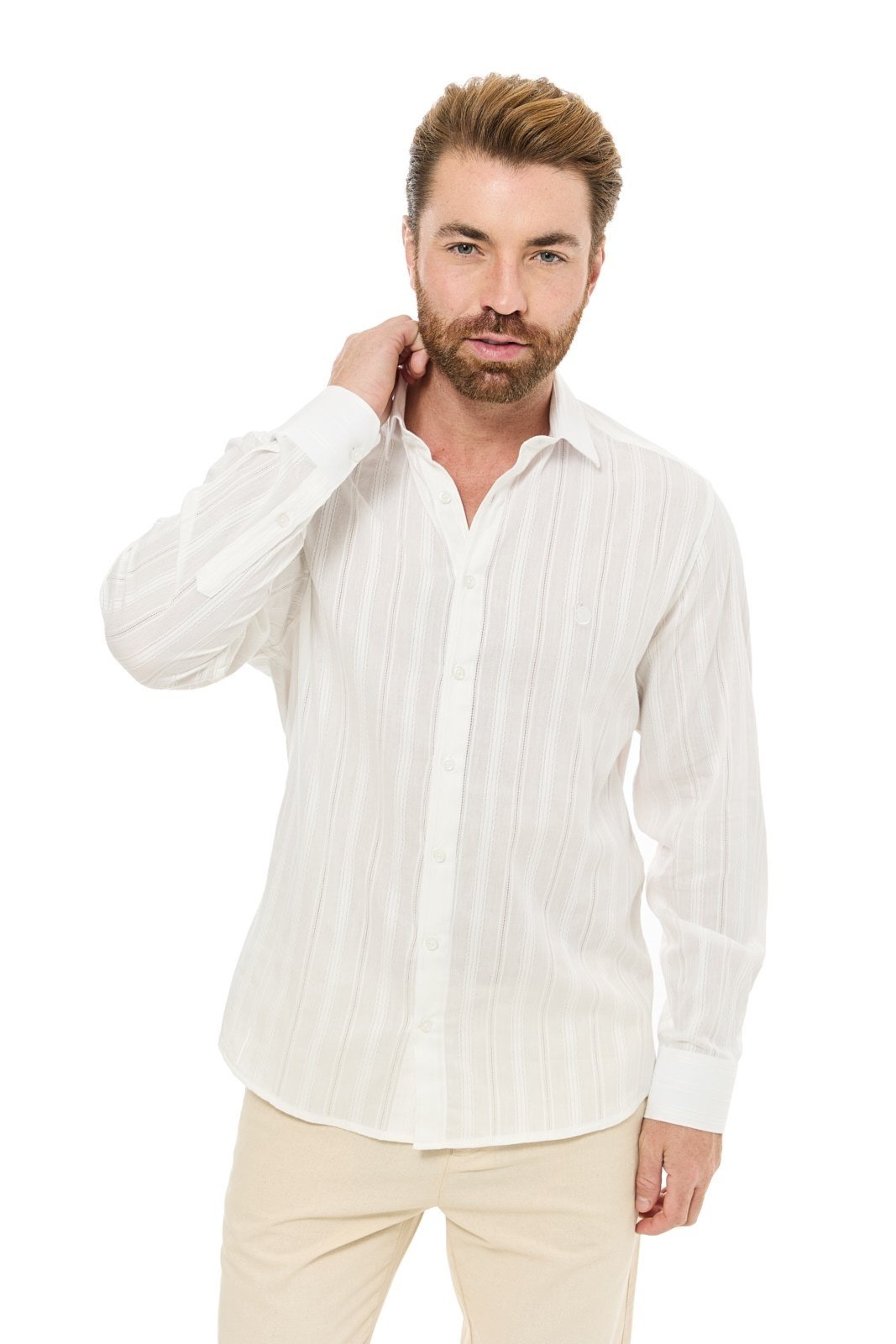 Camisa Social Masculina Slim Olimpo Algodão Manga Longa Off-White