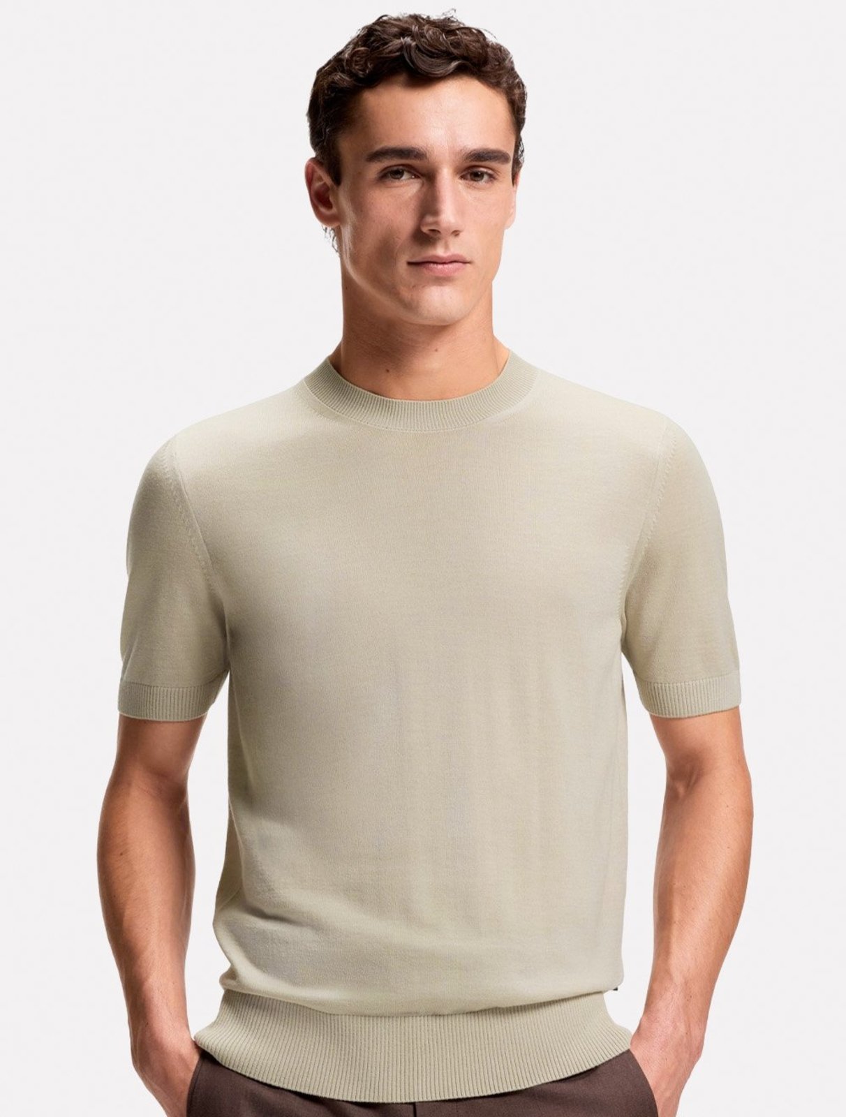 Camiseta Hugo Boss Masculina Regular Trico Extrafine Merino H-Umauro Cáqui Claro