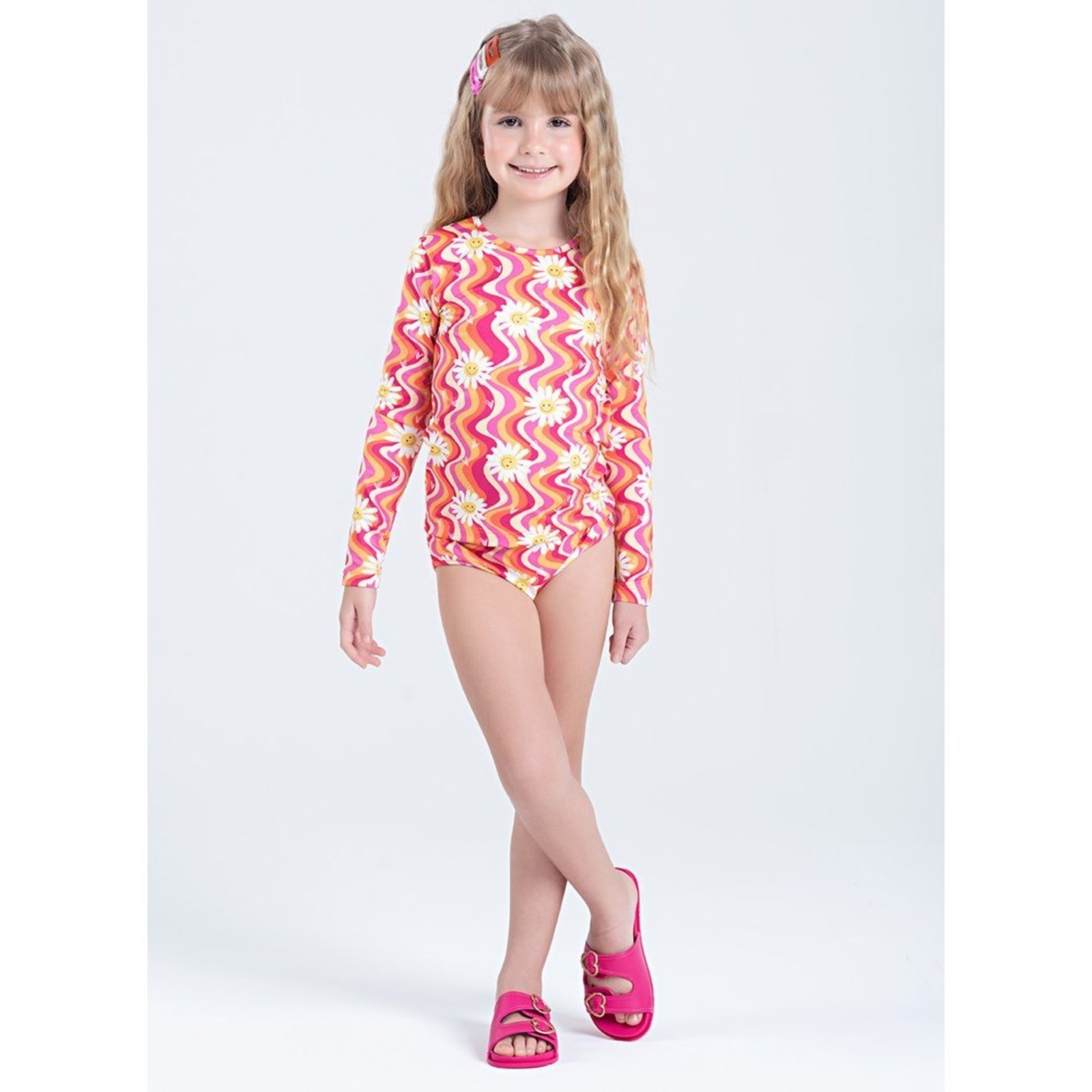 Conjunto Biquíni Menina Laranja Blusa Manga Longa e Calcinha Margaridas